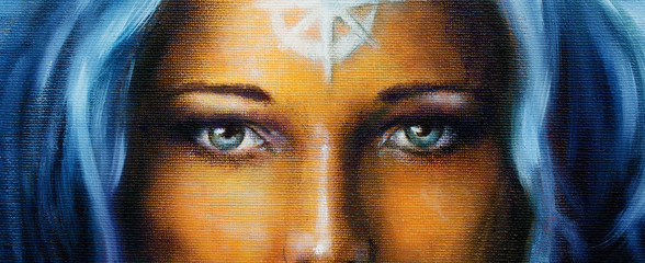 mystic face women, with white tattoo. eye contact.