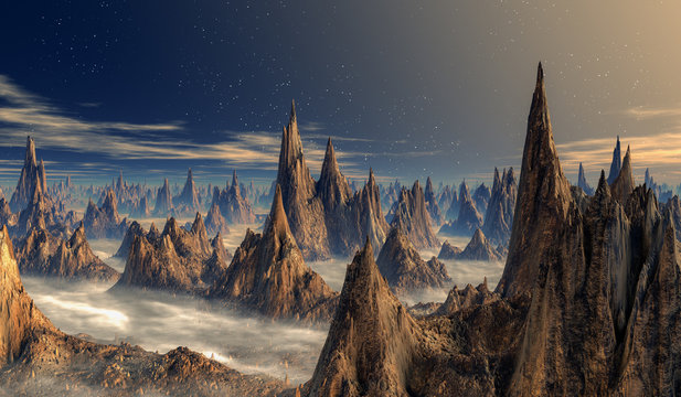 Spitze Stalagmitentürme im Nebel auf der Oberfläche eines Fantasy Planeten.