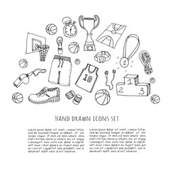 Hand drawn doodle basketball set. Vector illustration. Sketchy sport related icons, basketball elements, ball, hoop, net, basket, backboard, number, sport wear, sport shoes, winner cup