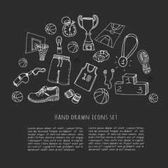 Hand drawn doodle basketball set. Vector illustration. Sketchy sport related icons, basketball elements, ball, hoop, net, basket, backboard, number, sport wear, sport shoes, winner cup