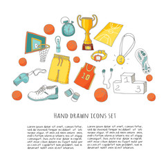 Hand drawn doodle basketball set. Vector illustration. Sketchy sport related icons, basketball elements, ball, hoop, net, basket, backboard, number, sport wear, sport shoes, winner cup