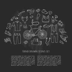 Bicycle equipment hand drawn set, doodle vector illustration of various stylized bicycle icons, bicycling equipment and accessories icons sketch collection, bicycling gear, cycling cloth and shoes