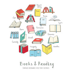 Hand drawn doodle Books Reading set Vector illustration Sketchy book icons elements Vector symbols of reading and learning Book club illustration Back to school Education University College symbols