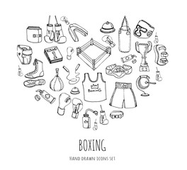 Hand drawn doodle boxing icons set Vector illustration Sketchy sport related icons boxing elements, boxing uniform, gloves, shoes, helmet, boxing ring, belt, trophy Carton boxing equipment
