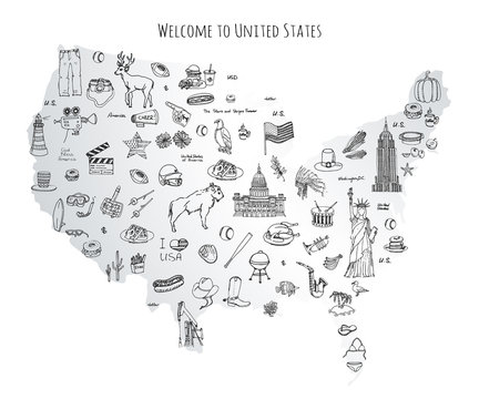 Hand drawn doodle USA set Vector illustration Sketchy american icons United States of America elements Flag Statue of Liberty Eagle Fast food Corn Skyscraper Deer Bison Cowboy hat boot Native American