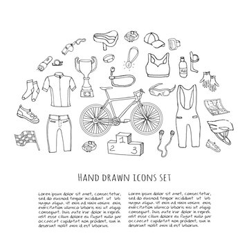 Bicycle equipment hand drawn set, doodle vector illustration of various stylized bicycle icons, bicycling equipment and accessories icons sketch collection, bicycling gear, cycling cloth and shoes