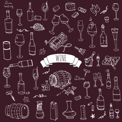 Hand drawn wine set icons Vector illustration Sketchy wine tasting elements collection Wine objects Cartoon wine symbols Vineyard background Vector wine background Winery illustration Grape Wine glass