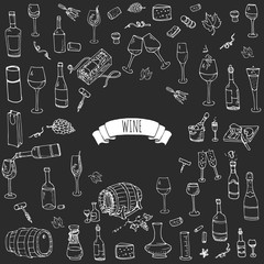 Hand drawn wine set icons Vector illustration Sketchy wine tasting elements collection Wine objects Cartoon wine symbols Vineyard background Vector wine background Winery illustration Grape Wine glass