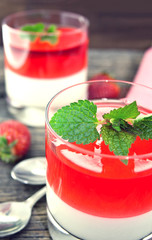 Panna cotta dessert with strawberry jelly 