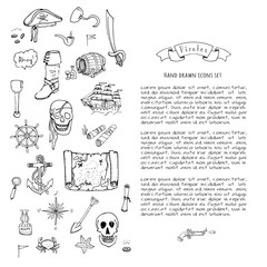 Hand drawn doodle Pirate icons set Vector illustration pirate symbols collection Cartoon piracy concept elements Pirate hat Treasure chest Black flag Skull Crossbones Compass Pirate costume elements