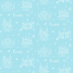 Seamless background of set of hand drawn cartoon fairy tale castle icons, castle doodle vector sketch with set of fairytale, game icons - crossbow, arrow, knight helmet, flag,  crown