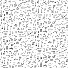 Seamless background hand drawn doodle Kitchen utensils set Vector illustration Sketchy kitchen ware icons collection Isolated appliance kitchen tools symbols Cooking equipment Tea pot Pan Knife Cup