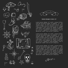 Hand drawn doodle Pirate icons set Vector illustration pirate symbols collection Cartoon piracy concept elements Pirate hat Treasure chest Black flag Skull Crossbones Compass Pirate costume elements