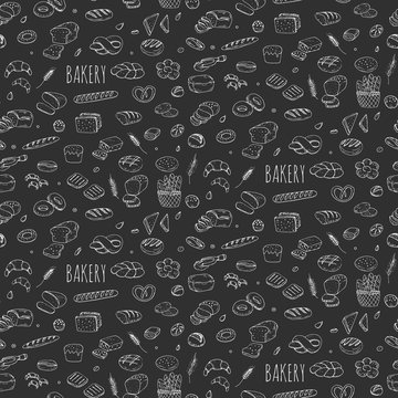 Seamless background hand drawn doodle Bakery set Cartoon bakery icon collection Rye bead Ciabatta Whole grain bread Bagel Sliced bead French baguette Croissant Vector illustration Sketchy bread Bakery