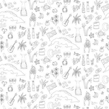 Seamless background Set of hand drawn Cuba icons Cuban sketch illustration Doodle elements Caribbean cartoon elements made in vector Travel to Cuba; background for cards and web pages