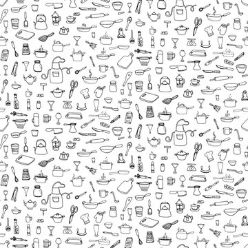 Seamless background hand drawn doodle Kitchen utensils set Vector illustration Sketchy kitchen ware icons collection Isolated appliance kitchen tools symbols Cooking equipment Tea pot Pan Knife Cup