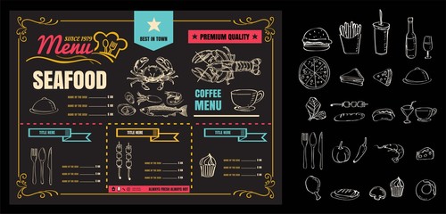Brochure or poster Restaurant  seafood menu with Chalkboard Back - 108713372
