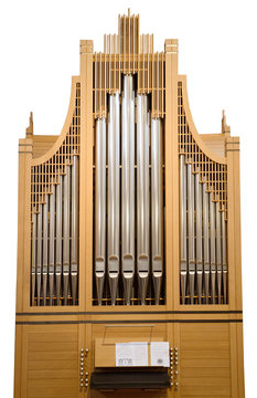 Wood church pipe organ isolated with music notes