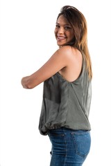 Fototapeta premium Young girl pointing back