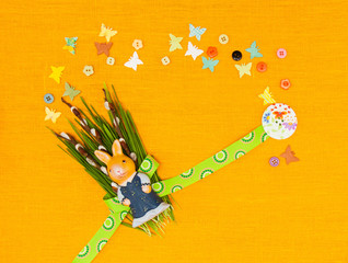 Blank, greeting easter card with easter eggs, bunny and green grass