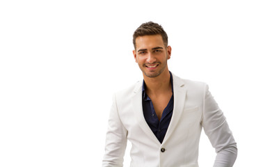 Young man in blue shirt and white jacket isolated