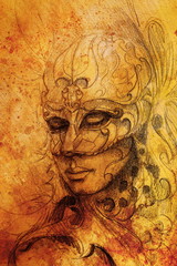 Fototapeta na wymiar pencil drawing on paper, woman in ornamental venetian mask.