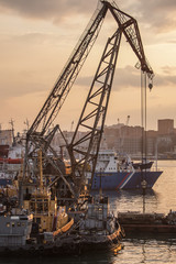 Fototapeta premium floating crane moored in the port of Vladivostok in the evening