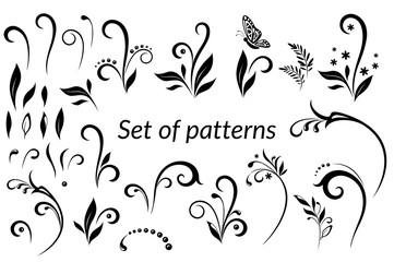 Set of Vintage Calligraphic Elements, Floral Patterns and Butterfly, Black Silhouettes Isolated on White Background. Vector