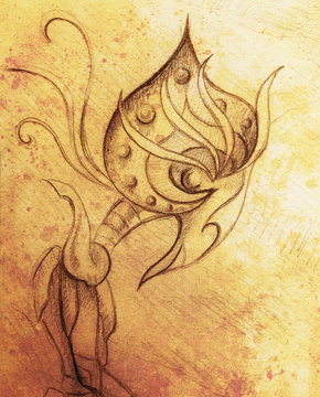 allien figure  ornamental drawing on paper. Sepia effect and Computer collage.