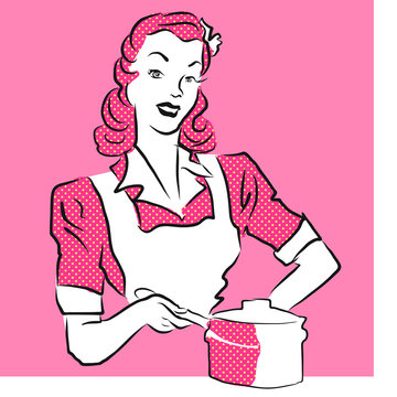 Pink Woman Coocking, Vintage Artwork.