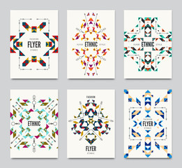 Geometric colorful ethnic flyers. Vector abstract background templates - set of modern elements for brochure, poster, banner, greetings card, cover design.