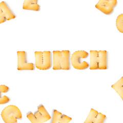lunch message written with homemade biscuits, on white background