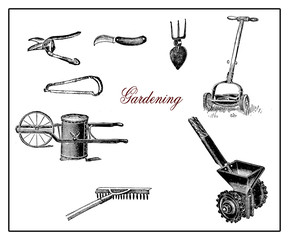 Vintage illustration, gardening and agriculture equipments