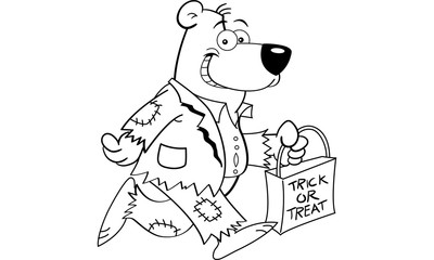 Black and white illustration of a bear in a costume and trick or treating.