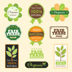 Set of organic non chemical quality and fair trade guarantee tag label emblem sticker for plant fruits and vegetable 