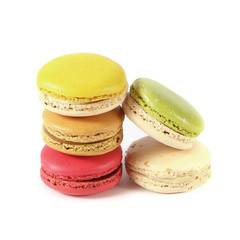 Tasty colorful macaroon on white background