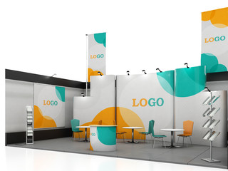 Blank creative exhibition stand design with color shapes. Booth template. - obrazy, fototapety, plakaty