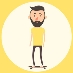 Hipster on longboard. Isolated vector illustration.