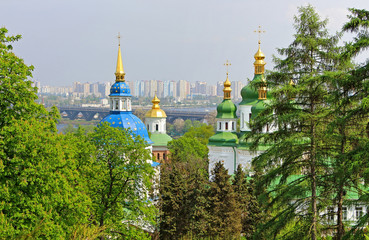 Fototapeta na wymiar View of Vydubychi Monastery, left bank of the Dnipro River and city Kyiv, Ukraine