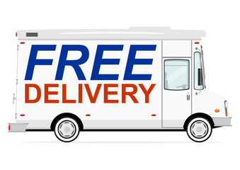 Free delivery. Cartoon truck on a white background. Flat vector