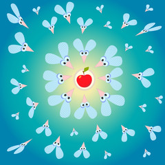 Funny flies with the big eyes and fly wings on a plate with Apple