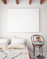 mock up blank poster on the wall of bedroom, 3D illustration background, 3D render