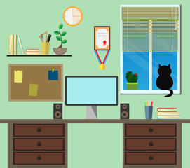 Workplace room interior vector set background