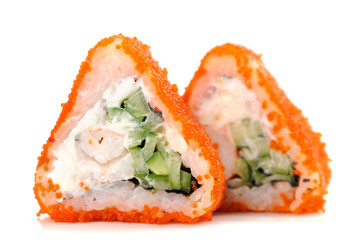 Triangular fusion rolls with orange tobiko roe, cream cheese