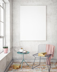 mock up poster frames in hipster interior background, 3D render