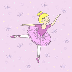 Vector illustration of nice little ballet-dancer on violet background with butterflies and hearts