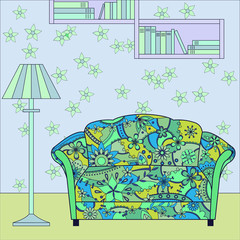 Cartoon funny interior with couch painted blue and green silhouette