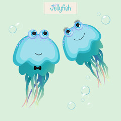Cute smiling jellyfish. Print for children's wear, greeting cards, menu, wallpaper, decoration. Vector Illustration