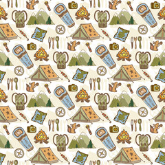 Hand drawn vector pattern with camping travel elements. Summer camp seamless background. Travel doodle vector pattern