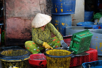 Unidentified woman is processing fish at Qui Nhon Fish Port in the morning.